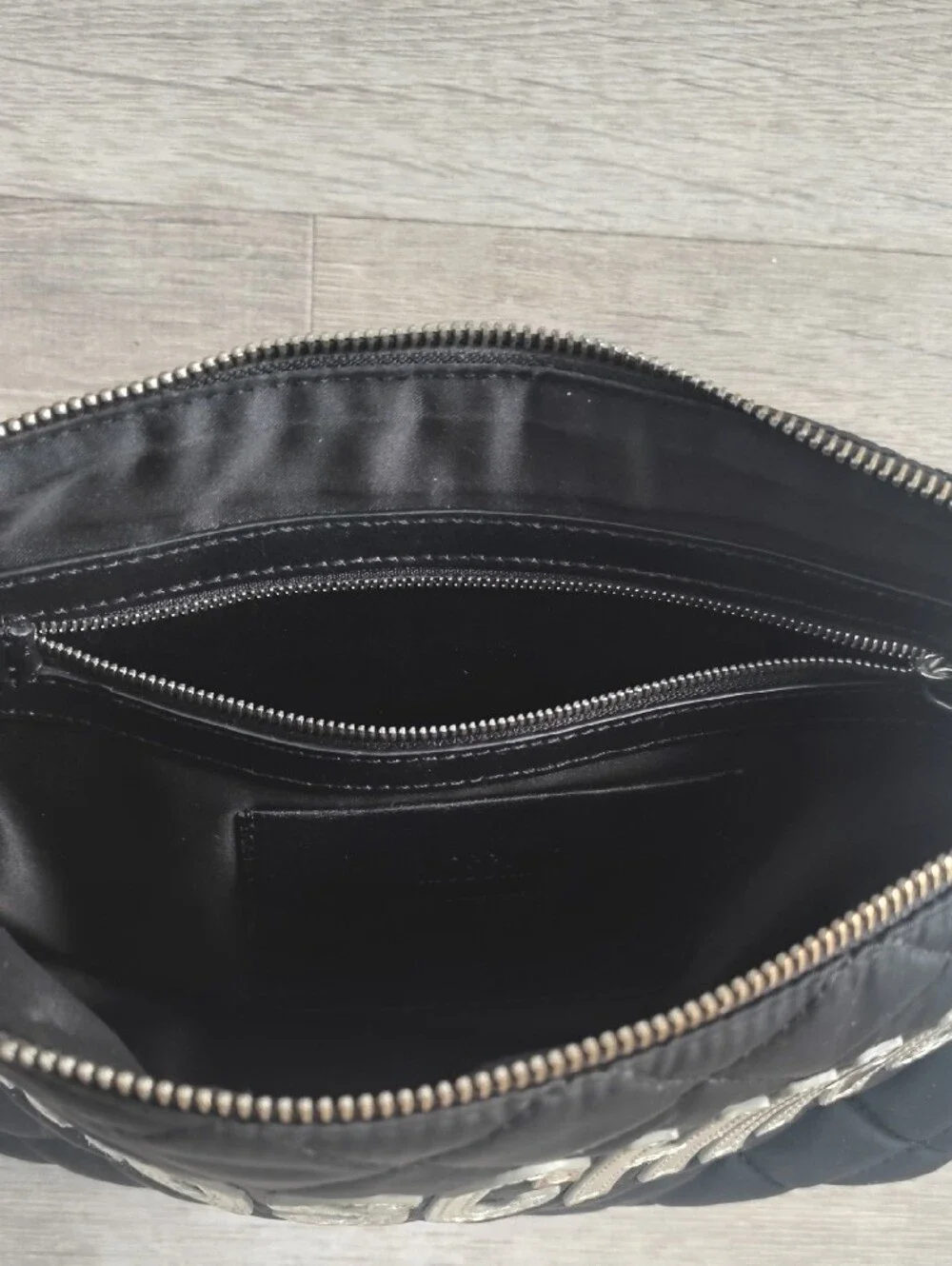 Moschino Black Quilted Logo Wristlet with Silver Accents